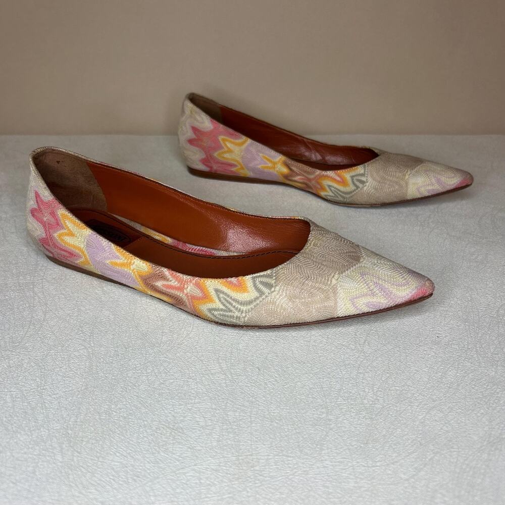 Missoni Fabric Zigzag Pointed Toe Flats Shoes Pink Orange Beige Size 38 Italy